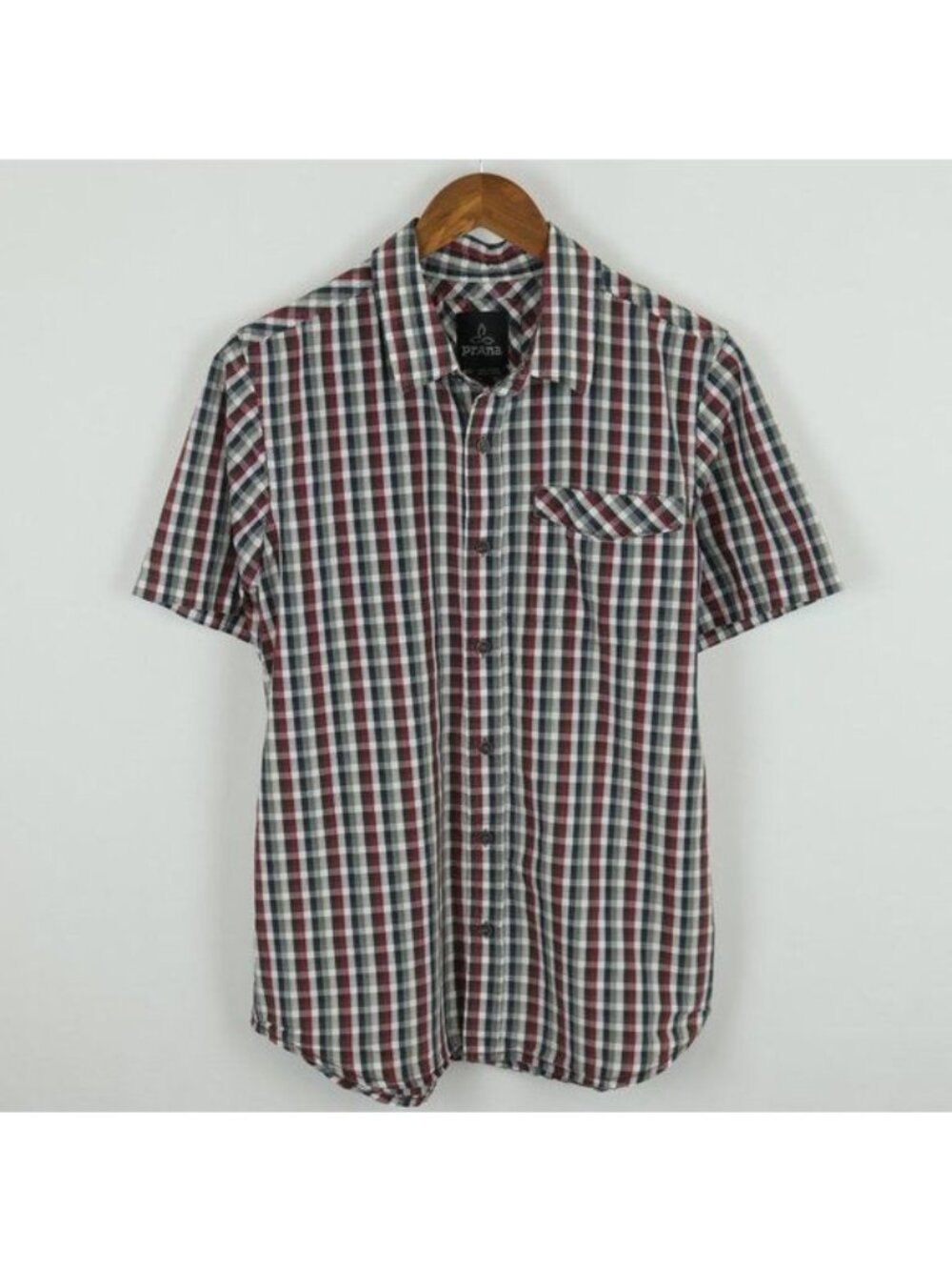 Prana Park Hill Men's Medium Red Gray Plaid Cotton Lightweight Button Up Shirt